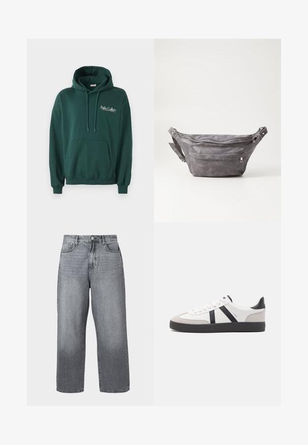 Tamnozeleni dukserica od mekog materijala, s kengur džepom, podešavanjima na kapuljači i bijelim logotipom na lijevoj strani prsnog područja.; Sive traperice širokog kroja s visokim strukom, dizajn s pet džepova i metalnim zatvaranjem. Tkanina pokazuje blago izbljeđivanje pri rubu.; Bijele tenisice s crnim i sivim detaljima, s teksturiranim sivim zaštitnikom prstiju, crnim gumene potplate i ravnim bijelim vezicama. Čist dizajn, minimalistički stil.; Siva zamšasta torbica preko struka sa zaobljenim oblikom, dva zip zatvorena odjeljka i podesivim remenom. Sadrži metalne naglaske.