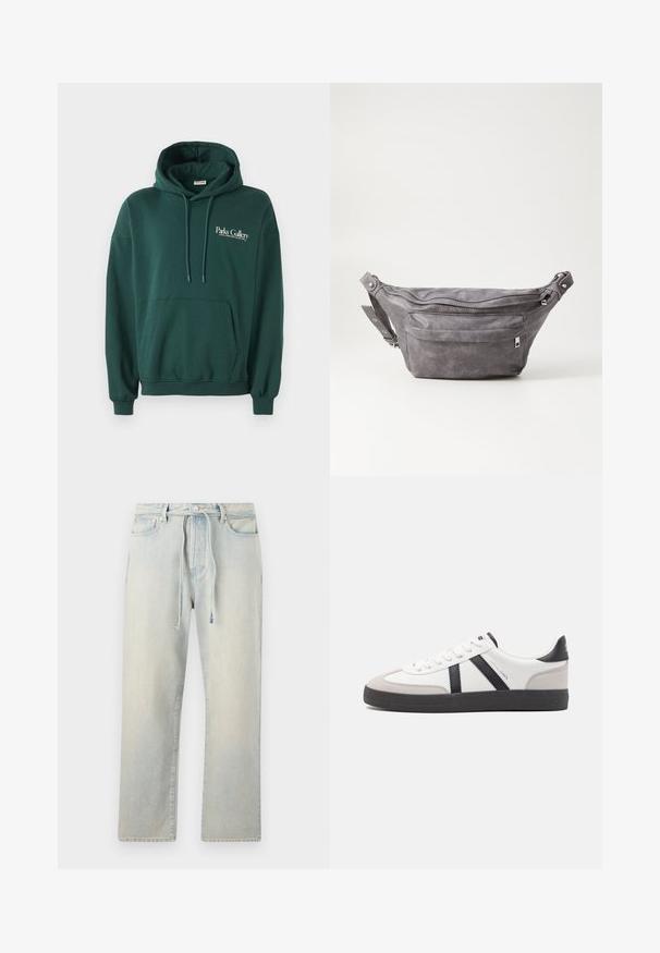 Tummanvihreä huppari, joka on valmistettu pehmeästä kankaasta. Hupparissa on kengurupocket, nyörit sekä valkoinen teksti-logo vasemmassa rintakehässä.; Vaaleansiniset denim-farkut, joissa on rento istuvuus, kiristysnauha vyötäröllä, hillitty haalistunut pinta ja suorat lahkeet. Sisältää klassiset taskut ja ompelujäljet.; Valkoiset lenkkarit mustilla ja harmailla yksityiskohdilla, joissa on teksturoitu harmaa kärki, musta kumipohja ja litteät valkoiset nauhat. Siisti muotoilu, minimalistinen tyyli.; Harso harmaa samettinen vyölaukku pyöreällä muotoilulla, kahdella vetoketjullisella osastolla ja säädettävällä hihnalla. Varustettu metallisilla varusteilla.