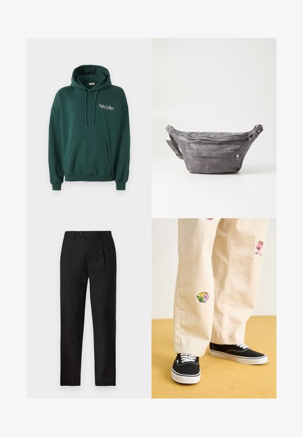 Dark green hoodie made of soft fabric, featuring a kangaroo pocket, drawstrings, and white text logo on the left chest area.; Black trousers made from textured fabric, featuring a straight-leg cut, front pleats, and a single button closure at the waist.; Beige cotton pants with playful embroidered designs including a pink character and colored block, paired with black lace-up sneakers.; Gray suede fanny pack with a rounded shape, two zippered compartments, and adjustable strap. Features metal hardware accents.