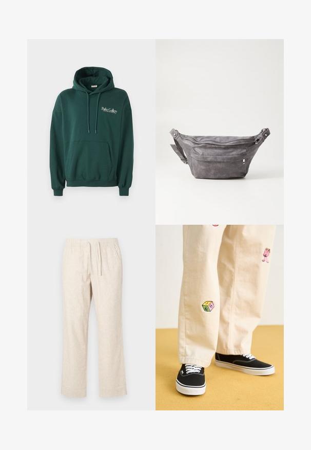 Dunkelgrüner Hoodie aus weichem Material, mit einer Kängurutasche, Bindebändern und einem weißen Textlogo auf der linken Brustseite.; Beige Leinenhose mit elastischem Bund und Kordelzug. Gerades Bein Design mit leichter Textur und subtilem Gewebemuster.; Beige Baumwollhosen mit verspielten, gestickten Motiven, darunter eine pinke Figur und bunte Blöcke, kombiniert mit schwarzen Schnürsneakern.; Graue Wildleder-Gürteltasche mit runder Form, zwei mit Reißverschluss verschlossenen Fächern und verstellbarem Trageriemen. Mit metallischen Hardware-Akzenten.