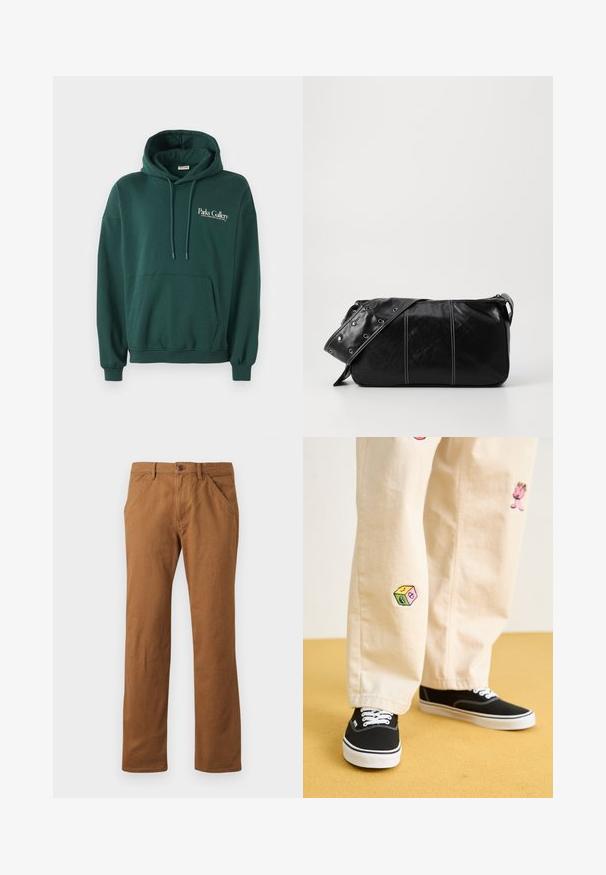 Dark green hoodie made of soft fabric, featuring a kangaroo pocket, drawstrings, and white text logo on the left chest area.; Brown cotton trousers with a straight cut, featuring a button closure, side pockets, and a smooth texture. Suitable for casual wear.; Beige cotton pants with playful embroidered designs including a pink character and colored block, paired with black lace-up sneakers.; Black leather shoulder bag with a zip closure, featuring a textured body, white stitching, and a strap with silver grommets.