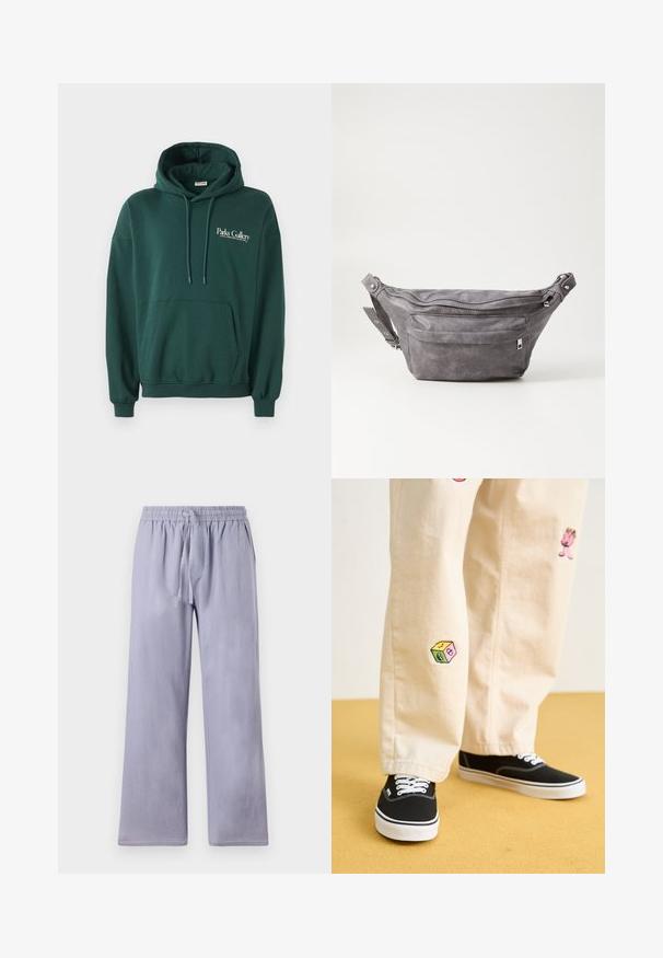 Ciemnozielona bluza z kapturem z miękkiego materiału, z kieszenią typu kangur, sznurkami oraz białym logo na lewej części klatki piersiowej.; Jasnofioletowe, luźne spodnie z szerokimi nogawkami, wykonane z miękkiego materiału. Posiadają elastyczny pas w talii i sznurek do regulacji dopasowania.; Beżowe bawełniane spodnie z zabawnymi haftowanymi wzorami, w tym różową postacią i kolorowym blokiem, w połączeniu z czarnymi sznurowanymi sneakersami.; Szara zamszowa saszetka biodrowa o zaokrąglonym kształcie, z dwoma zasuwanymi komorami i regulowanym paskiem. Wyróżnia się metalowymi akcentami.