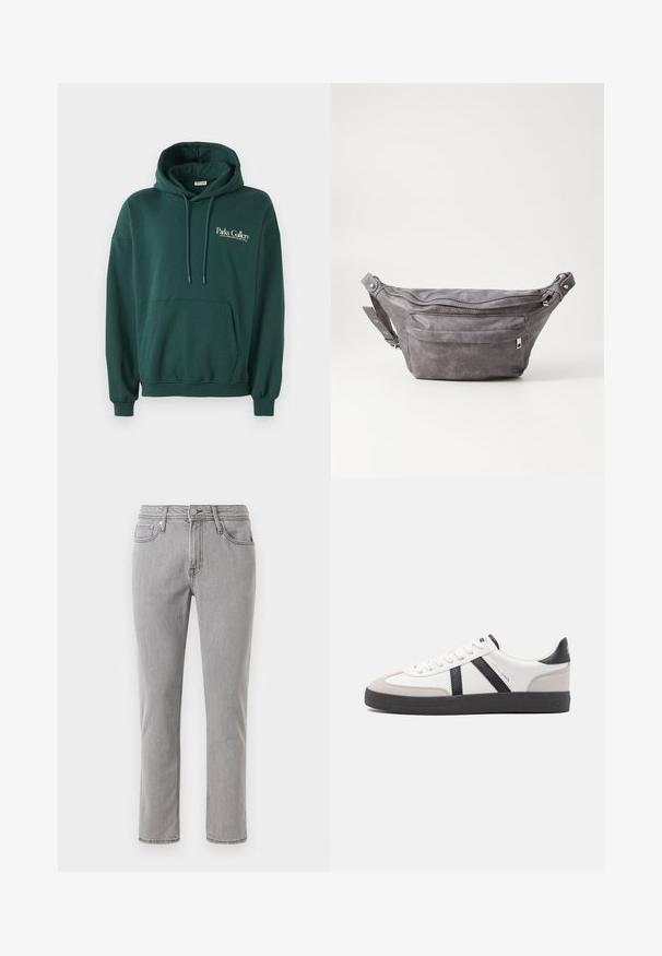 Hanorac de culoare verde închis, realizat dintr-un material moale, având o buzunar tip kangur, șnururi și un logo alb pe partea stângă a pieptului.; Jeansuri din denim gri cu un croi drept, design cu cinci buzunare, bucle pentru centură și închidere cu un buton frontal. Materialul are o textură netedă.; Sneaker alb cu accente negre și gri, având un capac de vârf gri texturat, talpă din cauciuc negru și șireturi plate albe. Design elegant, stil minimalist.; Borseta gri din suede, cu o formă rotunjită, două compartimente cu fermoar și curea ajustabilă. Are accente din metal.