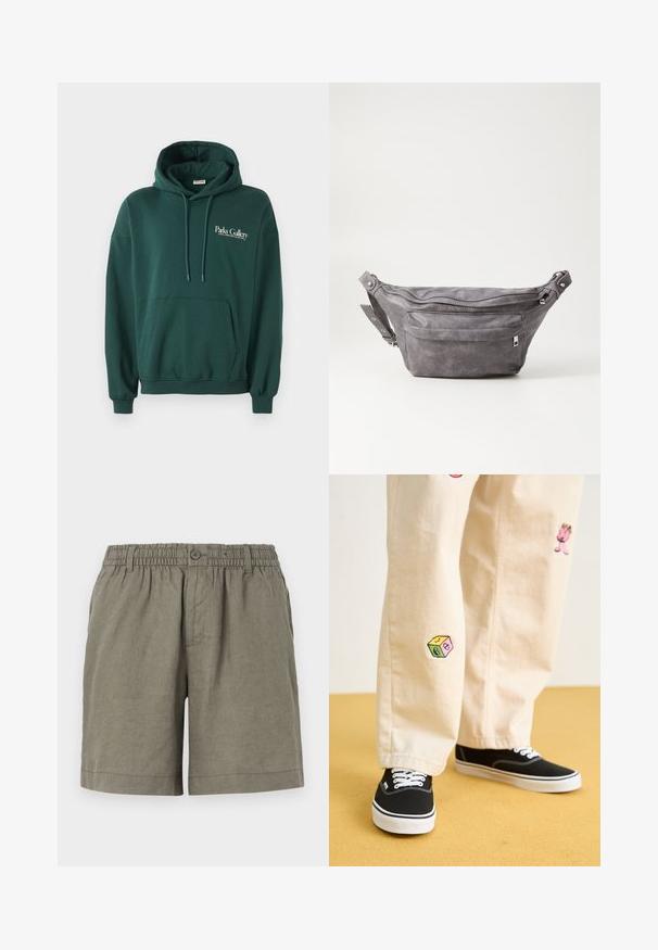 Tumši zaļš kapuce, kas izgatavota no mīksta auduma, ar kangaroo kabatu, auklītēm un baltu teksta logo uz kreisā krūšu apgabala.; Khaki šorti iz viegla auduma ar elastīgu jostasvītru un pogu aizdari. Ievēro taisnovidējo dizainu un sarullētu apakšējo malu.; Beige kokvilnas bikses ar rotaļīgiem izšūtiem dizainiem, tostarp rozā raksturs un krāsains bloks, saskaņotas ar melniem kurpēm ar auklām.; Pelēks zamšādas jostas somiņa ar noapaļotu formu, divām kabatām ar rāvējslēdzējiem un regulējamu siksnu. Iekļauj metāla aksesuārus.