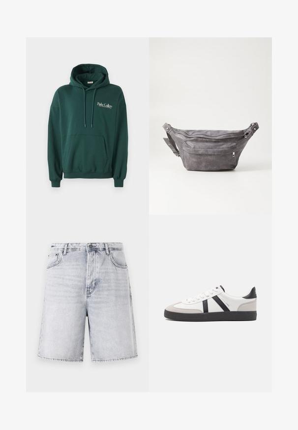 Mørkegrøn hoodie lavet af blødt stof, med en kængurulomme, snoretræk og hvid tekstlogo på venstre brystområde.; Lys grå denimshorts med en let falmet finish. Har fem lommer, bæltestropper og en lynlås med knaplukning.; Hvide sneakers med sorte og grå detaljer, med en tekstureret grå tåhætte, sort gummisål og flade hvide snørebånd. Rent design, minimalistisk stil.; Grå suedefanny pack med en rund form, to lynlåslommer og justerbart strop. Har metalhardware detaljer.