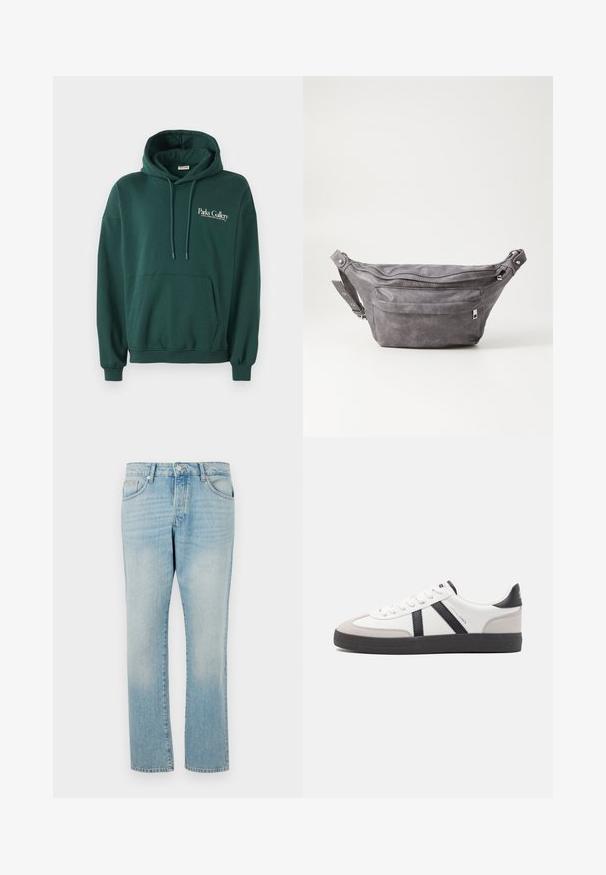 Tume roheline kapuutsiga sviiter, mis on valmistatud pehmest kangast, millel on kenguru tasku, paelad ja valge tekstilogo vasakul rinnakorvil.; Heledad sinise denimist teksapüksid otse jalgadega kujundusega, millel on viie tasku seadistus ja nööpkinnitus vöökohal. Sile tekstuur.; Valged tossud mustade ja hallide aktsentidega, tekstureeritud halli varbakattega, musta kummitald ja lamedad valged paelad. Puhtad jooned, minimalistlik stiil.; Hallikate nahast vöö kott, millel on ümar kuju, kaks tõmblukuga taskut ning reguleeritav rihm. Varustatud metallist detailide aktsentidega.