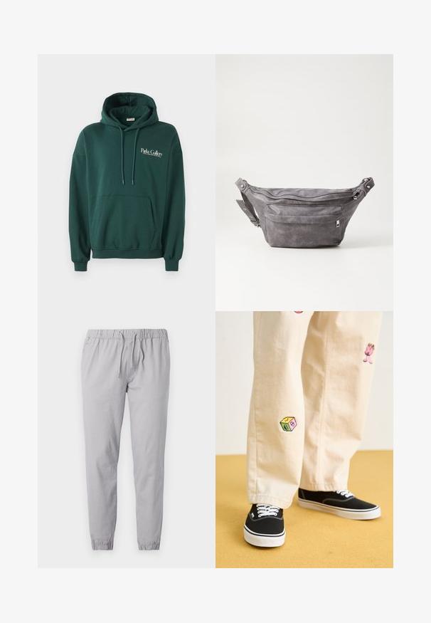 Dunkelgrüner Hoodie aus weichem Material, mit einer Kängurutasche, Bindebändern und einem weißen Textlogo auf der linken Brustseite.; Helle graue Jogginghose aus weichem Stoff, mit einem elastischen Bund und einem Kordelzug sowie schmal zulaufenden Bündchen mit Gathered Finish.; Beige Baumwollhosen mit verspielten, gestickten Motiven, darunter eine pinke Figur und bunte Blöcke, kombiniert mit schwarzen Schnürsneakern.; Graue Wildleder-Gürteltasche mit runder Form, zwei mit Reißverschluss verschlossenen Fächern und verstellbarem Trageriemen. Mit metallischen Hardware-Akzenten.