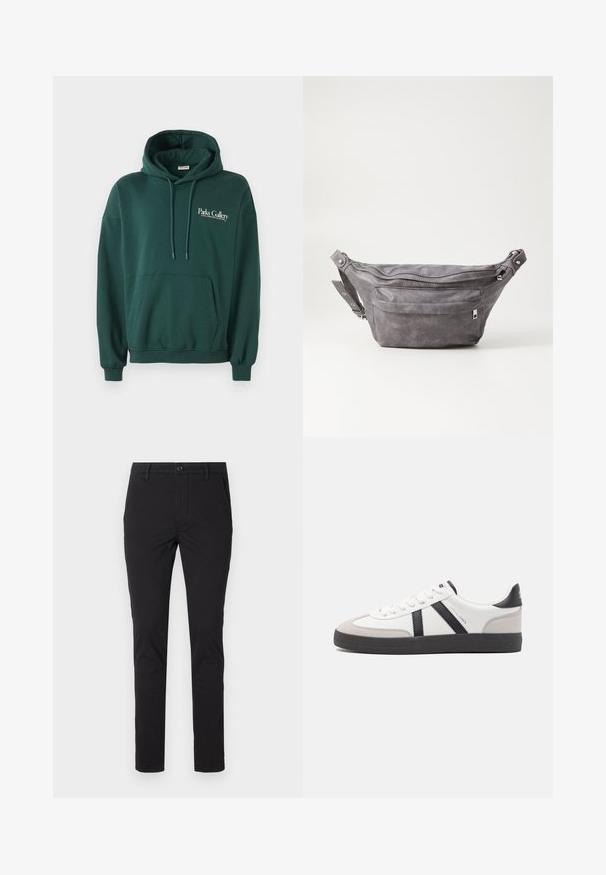 Dunkelgrüner Hoodie aus weichem Material, mit einer Kängurutasche, Bindebändern und einem weißen Textlogo auf der linken Brustseite.; Schwarze Slim-Fit-Hosen aus einer Baumwollmischung, mit Fronttaschen, einem Knopfverschluss und einer glatten, einfarbigen Textur.; Weiße Sneaker mit schwarz- und grau-aczenten, ausgestattet mit einer strukturierten grauen Zehenkappe, schwarzer Gummi-Sohle und flachen weißen Schnürsenkeln. Sauberes Design, minimalistische Stil.; Graue Wildleder-Gürteltasche mit runder Form, zwei mit Reißverschluss verschlossenen Fächern und verstellbarem Trageriemen. Mit metallischen Hardware-Akzenten.