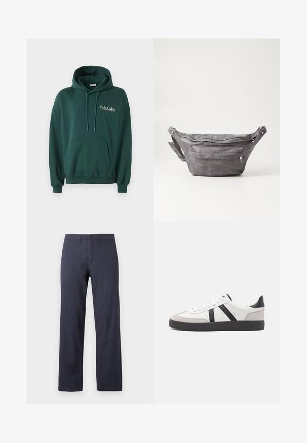 Dark green hoodie made of soft fabric, featuring a kangaroo pocket, drawstrings, and white text logo on the left chest area.; Dark blue, straight-leg trousers made from cotton blend fabric. Features a button front closure, belt loops, and two side pockets.; White sneaker with black and gray accents, featuring a textured gray toe cap, black rubber sole, and flat white laces. Clean design, minimalist style.; Gray suede fanny pack with a rounded shape, two zippered compartments, and adjustable strap. Features metal hardware accents.
