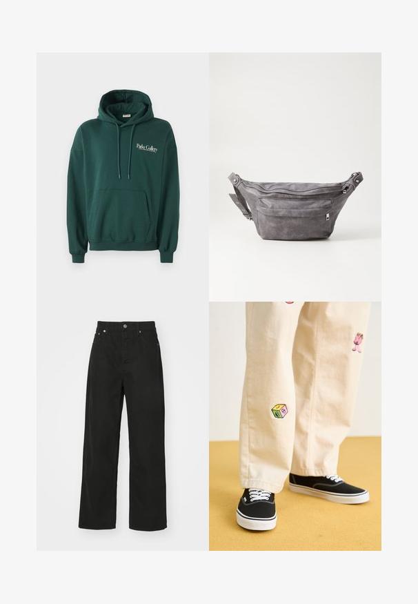 Haut à capuche vert foncé en tissu doux, avec une poche kangourou, des cordons de serrage et un logo en texte blanc sur la poitrine à gauche.; Pantalons en denim noir avec une coupe droite, dotés de cinq poches, d'une fermeture à bouton et d'une taille classique. Texture lisse.; Pantalon en coton beige avec des motifs brodés ludiques, incluant un personnage rose et un bloc de couleur, associé à des baskets noires à lacets.; Sac banane en suède gris avec une forme arrondie, deux compartiments zippés et une sangle réglable. Comprend des accents en métal.