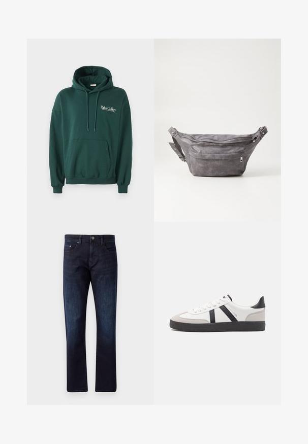 Tamsiai žalios spalvos džemperis, pagamintas iš minkštos medžiagos, su kengūros kišene, raišteliais ir balta teksto reklama kairėje krūtinės pusėje.; Tamsiai mėlynos džinsinės kelnės tiesiu kirpimu, turinčios dvi priekinės kišenes, vieną monetų kišenę ir mygtuko užsegimą. Šiek tiek išblukusi tekstūra.; Balti sportbačiai su juodais ir pilkais akcentais, pasižymintys tekstūruotu pilku pirštų dangteliu, juoda gumine padais ir plokščiomis baltomis raišteliais. Švarus dizainas, minimalistinis stilius.; Pilkas suedes fanny pack'as apvalios formos, su dviem užtraukiamais skyreliais ir reguliuojama diržele. Yra metaliniai aksesuarai.