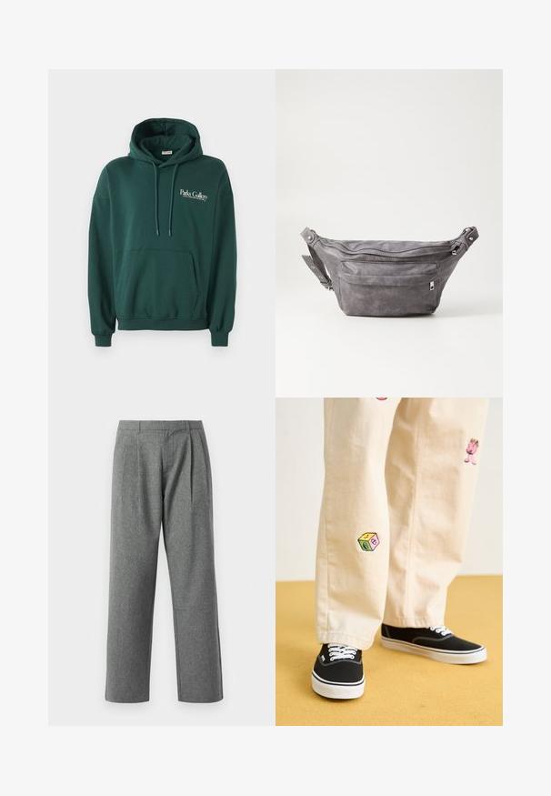Mørkegrønn hettegenser laget av mykt stoff, med kengurulomme, snorer og hvit tekstlogo på venstre brystområde.; Grå, rette bukser laget av teksturert stoff, med folder foran og en enkel linning, uten synlige lommer.; Beige bomullsbukser med lekne broderte design, inkludert en rosa karakter og fargede blokker, kombinert med svarte snørebåndssko.; Grå semsket fanny pack med avrundet form, to glidelåslommer og justerbar stropp. Har metallbeslag som detaljer.