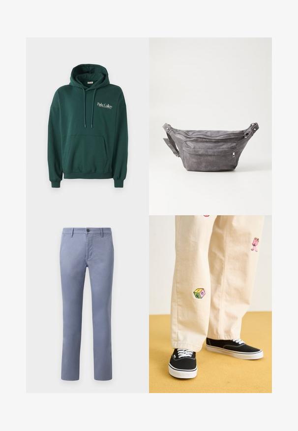Temno zelena kapuca iz mehke tkanine, z kenguru žepom, vrvicami in belim logotipom na levi strani prsnega koša.; Svijetloplave pamučne hlače slim kroja s patent zatvaračem, petljama za remen i bočnim džepovima, glatke teksture i ravnim nogavicama.; Bežna bombažna hlače z igrivimi vezeninami, ki vključujejo roza lik in barvni blok, v kombinaciji s črnimi čipkastimi športnimi copati.; Sivkasta zamšasta torbica s okroglo obliko, dvema žepoma na zadrgo in nastavljivim trakom. Ima kovinske dodatke.
