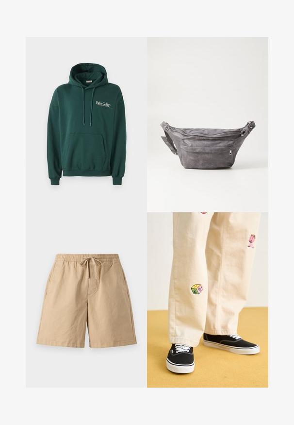 Hanorac de culoare verde închis, realizat dintr-un material moale, având o buzunar tip kangur, șnururi și un logo alb pe partea stângă a pieptului.; Șorturi bej din bumbac, cu un talie elastică și șnur ajustabil, dotate cu buzunare laterale și croială lejeră. Textură netedă, lungime până la genunchi.; Pantaloni din bumbac bej cu modele brodate jucăușe, inclusiv un personaj roz și un bloc colorat, asortați cu teniși negri cu șireturi.; Borseta gri din suede, cu o formă rotunjită, două compartimente cu fermoar și curea ajustabilă. Are accente din metal.