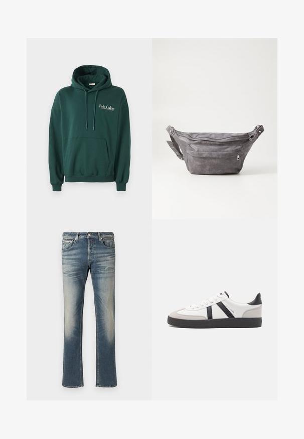 Tamnozeleni dukserica od mekog materijala, s kengur džepom, podešavanjima na kapuljači i bijelim logotipom na lijevoj strani prsnog područja.; Svijetloplave traperice s ispucalim dijelovima, ravnog kroja, pet džepova i metalnim detaljima. Strojno šivane s mekim materijalom.; Bijele tenisice s crnim i sivim detaljima, s teksturiranim sivim zaštitnikom prstiju, crnim gumene potplate i ravnim bijelim vezicama. Čist dizajn, minimalistički stil.; Siva zamšasta torbica preko struka sa zaobljenim oblikom, dva zip zatvorena odjeljka i podesivim remenom. Sadrži metalne naglaske.