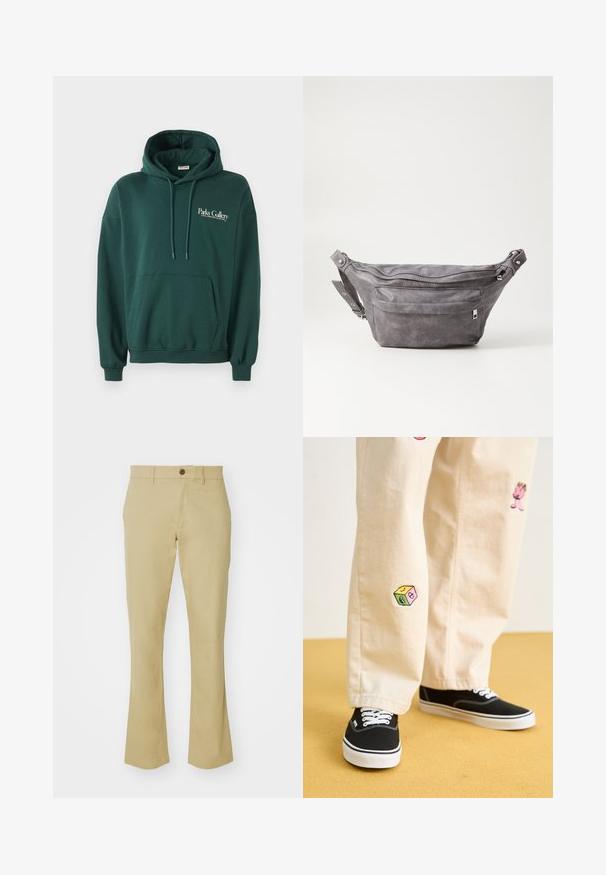 Sötétzöld kapucnis pulóver, puha anyagból készült, kenguru zsebbel, állítható zsinórokkal és fehér szöveges logóval a bal mellkasi területen.; Beige, elasztikus anyagú, sima textúrájú, flared nadrág, elöl gombbal a derekán és zsebekkel.; Beige pamut nadrág játékos hímzett mintákkal, beleértve egy rózsaszín karaktert és színes blokkot, fekete fűzős tornacipővel párosítva.; Szürke velúr övtáska kerek formával, két cipzáras rekesszel és állítható pánttal. Fém dekorációval rendelkezik.