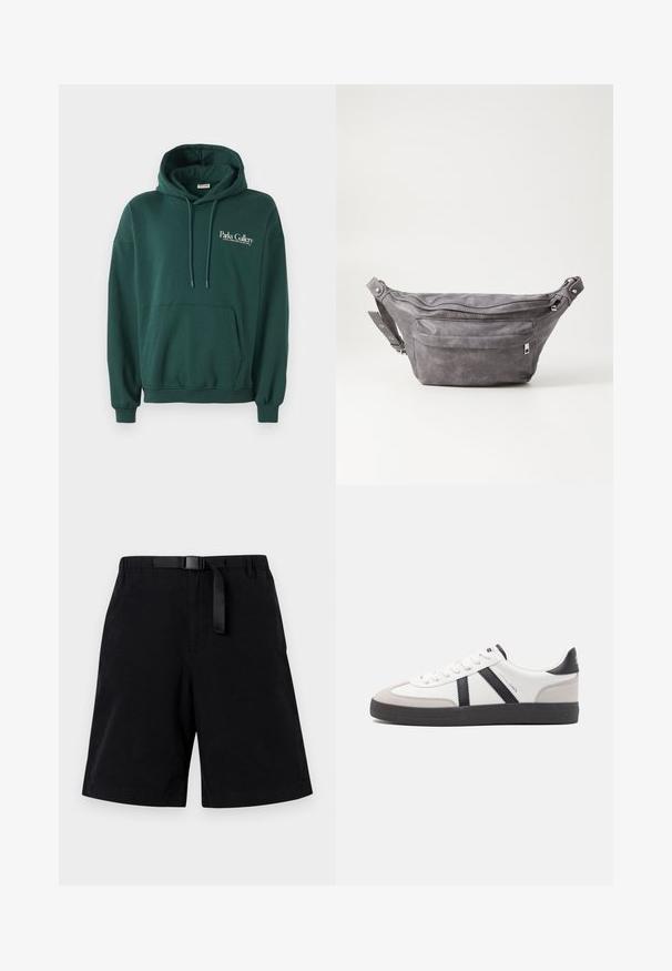 Tumši zaļš kapuce, kas izgatavota no mīksta auduma, ar kangaroo kabatu, auklītēm un baltu teksta logo uz kreisā krūšu apgabala.; Melnas šortus, kas izgatavoti no gludas auduma, ar melnu jostu un vienu priekšējo kabatu. Tiešs griezums ar apmācītiem apakšmalām.; Baltas sneakeris ar melniem un pelēkiem akcentiem, kuram ir teksturēts pelēks purngals, melna gumijas zole un plakanas baltas šņores. Tīrs dizains, minimālisma stils.; Pelēks zamšādas jostas somiņa ar noapaļotu formu, divām kabatām ar rāvējslēdzējiem un regulējamu siksnu. Iekļauj metāla aksesuārus.