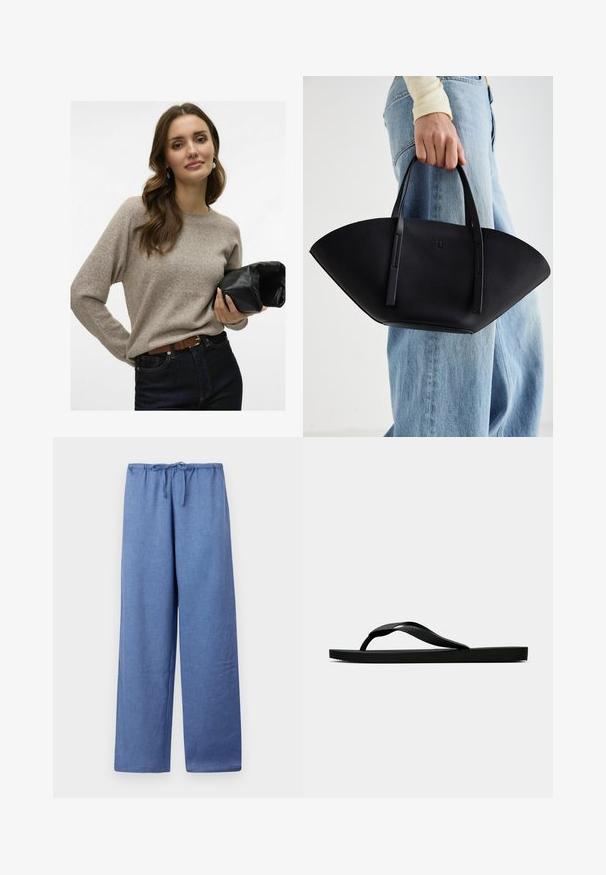 Bež siidise põhikanga kampsun, millel on pikad varrukad, ümmargune kaelus ja pehme tekstuur. Kombineeritud tumedate teksadega ja hoiab musta nahast kotti.; Heledad sinised laiad püksid, millel on tõmblukuga vöökoht, valmistatud pehmest kangast, sujuva tekstuuri ja lõdva istuvusega.; Musta kummist suss, millel on tekstuuriga eraldi sõrmeosa ja lihtne lame tald, kuva külgvaates üheltoonilise heleda tausta ees.; Must mustra kott, millel on unikaalne fännikujuline disain, millel on lapikud käepidemed. Pinna tekstuur on kivikujuline ja disain on minimalistlik.