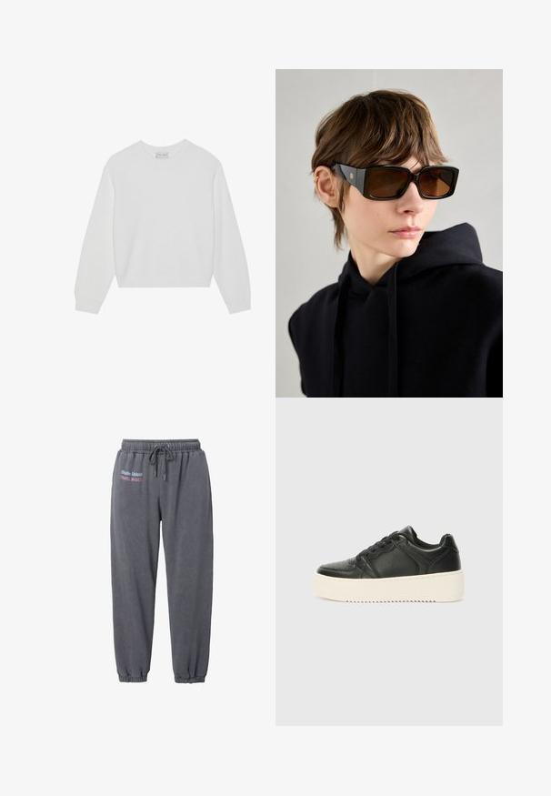 Hvid strikket sweater med rund hals, faldne skuldre, ribbet tekstur og let cropped kant. Blødt stof, afslappet design.; Mørkegrå sweatpants i blødt materiale, med elastisk talje, snøre og samlede manchetter. Inkluderer broderet mærketekst.; Sorte lædersneakers med en glat tekstur, tykk cremede sål, rund tå og klassisk snøredesign. Subtile syninger.; Store sorte oversized solbriller med en blank finish, rektangulær form, brune tonede linser og guld logo detalje på stængerne.