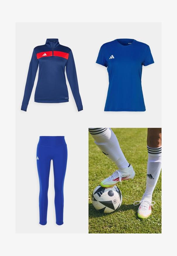 Granatowa koszulka z długim rękawem i suwakiem na ćwierć długości, zdobiona czerwoną poziomą paską, białym logo, gładką powierzchnią i dopasowanym krojem. Tkanina wydajnościowa.; Niebieska koszulka sportowa z krótkim rękawem i okrągłym dekoltem; wykonana z lekkiego materiału; z białym logo Adidas na lewym ramieniu.; Niebieskie legginsy sportowe z wysokim stanem, wykonane z elastycznego materiału, z białym logo na lewym biodrze i dyskretnymi mankietami.; Białe korki piłkarskie z czerwonymi akcentami, leżące na czarno-białej piłce nożnej, na trawiastej murawie, z widocznymi białymi skarpetkami w paski.