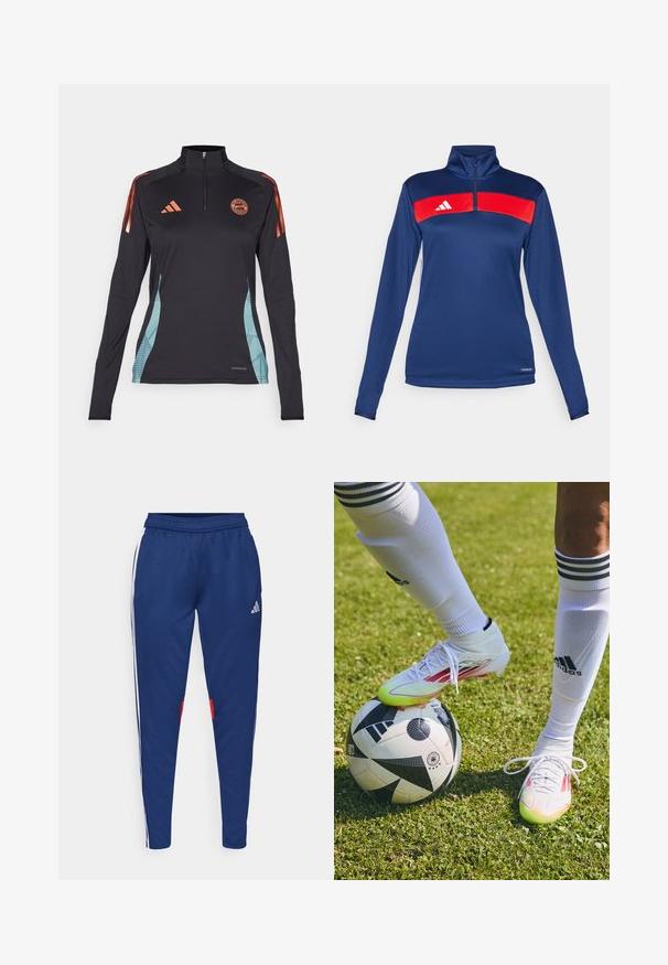 Kék, hosszú ujjú, negyed cipzáras felső, piros vízszintes csíkkal, fehér logóval, sima textúrával és testhez simuló dizájnnal. Teljesítmény szövet.; Fekete, hosszú ujjú sportpóló fél cipzárral, narancssárga kiegészítőkkel és kék geometriai oldalsávokkal. Adidas logó a mellkason. AEROREADY címke az alján.; Tengerészhaditejű nadrág fehér oldalsávokkal, elasztikus derékpánttal és piros díszítéssel a szegély közelében. Simább, könnyű anyagból készült.; Fehér focicipők piros akcentussal, egy fekete-fehér focilabdán pihenve, zöld fűvel borított pályán, látható fehér zoknikkal és csíkokkal.