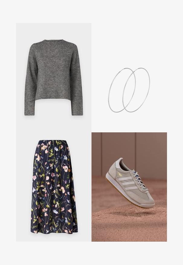 Pilkas megztinis su ilgomis rankovėmis, apvalia iškirpte ir laisvu siluetu. Faktūrinis audinys ir trumpas ilgis. Jokių papildomų detalių.; Tamsiai mėlyna gėlių sijonas su elastinga juosmena, puikuojantis rožinėmis, mėlynomis ir žaliomis gėlėmis ant tekstūruoto audinio.; Smėlio spalvos sportiniai bateliai su zomšiniu ir tinkliniu viršumi, baltais trimis juostelėmis, gumine padu, mėlynomis raištelėmis ir auksiniu logotipo akcentu. Klasikinis retro dizainas.; Sidabrinės pusmėnulio auskarai minimalistiniu dizainu. Apskritimo forma, lygus paviršius ir plonas profilis. Lengvi su poliruotu apdailu.