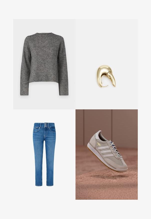 Sivi pleteni pulover s dugim rukavima, okruglim izrezom i ležernim krojem. Teksturirana tkanina i skraćena dužina. Nema dodatnih detalja.; Plave traper hlače ravnog kroja, s dva prednja džepa, dugmadi s duplim kopčanjem i suptilnim izbljeđivanjem na nogavicama.; Bež tenisice s gornjim dijelom od brušene kože i mrežaste tkanine, bijele tri pruge, đon od gumenog materijala boje gume, plave vezice i zlatni detalj logotipa. Klasični retro dizajn.; Zlatne metalne naušnice s elegantnim, zakrivljenim dizajnom. Imaju karakterističan šiljast oblik, poliranu površinu i zatvaranje na šarku.
