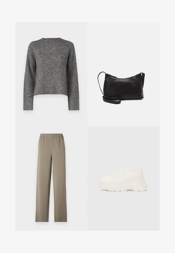 Grijze gebreide trui met lange mouwen, ronde halslijn en een relaxte pasvorm. Textuurstof en verkorte lengte. Geen extra details.; Pull-on broeken in een lichte kaki kleur. Gemaakt van gladde stof met een elastische tailleband en een wijduitlopende ontwerp. Geen zichtbare patronen of accenten.; Witte canvas sneaker met een stevige zool, ronde neus en vijf gaatjes voor veters. Achterste tab voor gemakkelijk aan- en uittrekken. Vloeibare textuur, minimalistisch ontwerp.; Zwarte leren schoudertas met een gladde textuur, gebogen vorm, verstelbare schouderband en een ritsafsluiting. Minimalistisch ontwerp zonder versieringen.