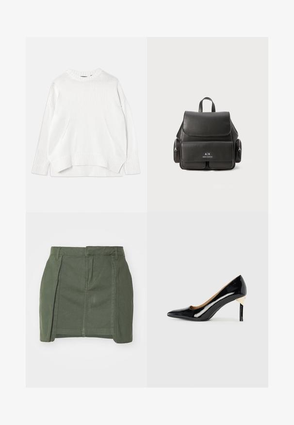 Balts adīts džemperis ar apaļu kaklu, garām piedurknēm un sānu šķelumiem. Iekļauj maigu reljefa logotipu priekšpusē un ribu aproces.; Kakijas zaļš denima svārku ar piegriezumu, priekšējiem krokām un tīru apakšmalu. Iezīmē jostas cilpas un divas sānu kabatas.; Melnas lakotas ādas augstpapēžu kurpes ar norādītu purngalu un izgriezumu dizainu; ar elegantu zelta akcentu uz papēža. Vienkāršas un elegantas.; Melna ādas mugursoma ar atloku aizdari, priekšējo kabatu, sānu rāvējslēdzēju nodalījumus un augšējo rokturi. Iezīmēta ar logo detaļām priekšpusē.