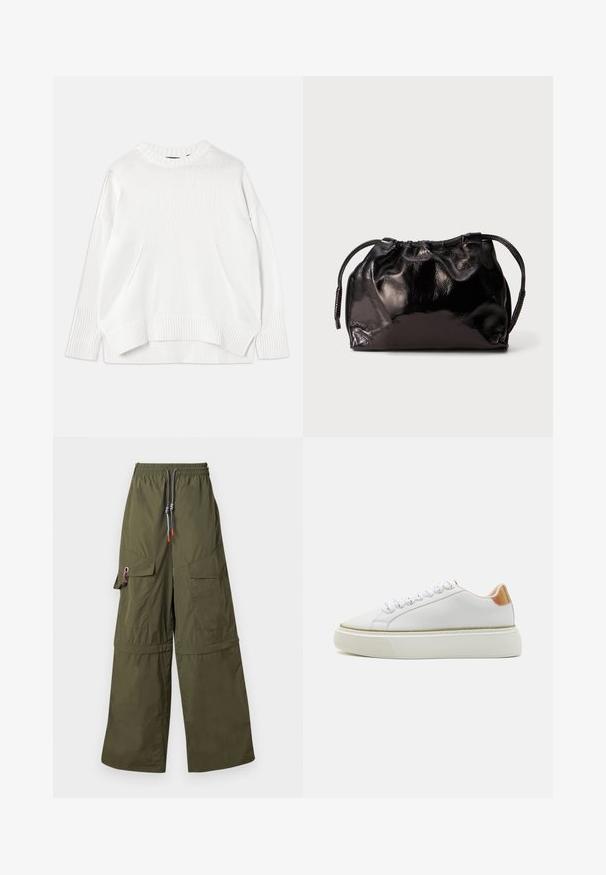 Vitt stickat tröja med rund hals, långa ärmar och sidslitsar. Har en subtil präglad logotyp framtill och ribbade ärmar.; Gröna vida cargobyxor i lätt material, med elastisk midja, flera fickor och distinkta snörningsdetaljer.; Vit sneaker med en slät läderöverdel, texturerad gummisula, rund tå och en reflekterande detalj vid hälen.; Liten svart, glänsande läderpåse med dragsnöre och korta handtag på en ljusgrå bakgrund.