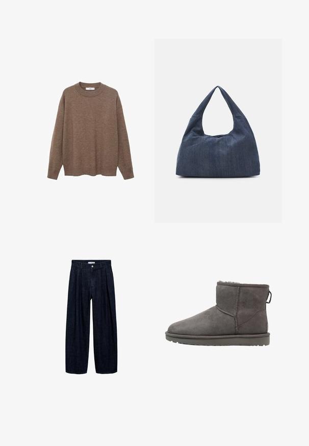 Ruskea neulottu neuletakki, jossa on pyöreä pääntie ja pitkät hihat. Ominaisuuksiin kuuluu rento mitoitus sekä ribbitekstuurilla varustetut hihansuut ja helma.; Tummansinisiä leveälahkeisia housuja, joissa on laskoksia vyötäröllä, etupainike ja vyön lenkit. Sujuva rakenne ja täyspitkä muotoilu.; Harmaa mokkanahkainen nilkkaboots, jossa on pyöreä kärki, lammasvillavuori ja litteä kumipohja. Varustettu logotarralla jaommelluilla saumoilla.; Tumma sininen denimi laukku, jossa on pehmeä ja löysä muoto, hobo-tyylinen kahva ja teksturoitu pinta. Ei näkyviä metalliosia.