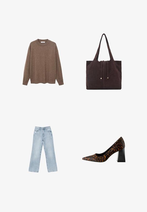 Pull en tricot marron avec un col rond et des manches longues. Présente une coupe décontractée et des poignets et un ourlet côtelés pour un ajout de texture.; Jeans en denim bleu clair avec une coupe large, des détails déchirés, un design à cinq poches et une fermeture éclair.; Escarpin à bout pointu pour femmes avec un dessus en imprimé léopard brun et noir et un large talon noir épais sur fond blanc.; Mango Cabas - dark brown