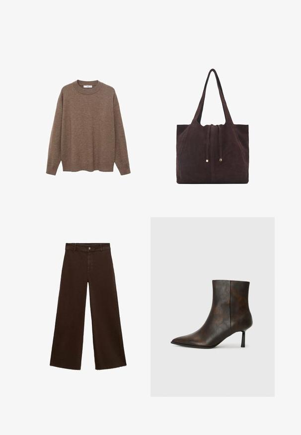 Hnědý pletený svetr s kulatým výstřihem a dlouhými rukávy. Disponuje volným střihem a žebrovanými manžetami a dolním lemem pro zvýšení textury.; Hnědé kalhoty širokého střihu z bavlněné směsi, s třepicí na lemu, předním zapínáním na knoflík a klasickým designem pěti kapes. Minimalistické a univerzální.; Hnědé kožené kotníkové boty s špičatou špičkou, elegantním designem a tenkým černým podpatkem. Texturovaný povrch s jemným vzorem.; Mango Velká kabelka - dark brown