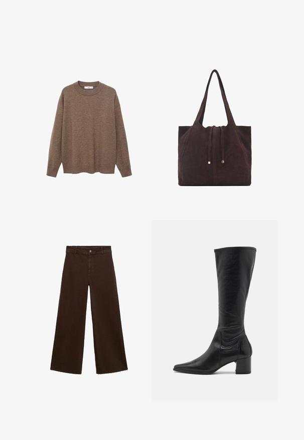 Hnedý pletený sveter s okrúhlym výstrihom a dlhými rukávmi. Má voľný strih a rebrované manžety a spodný lem pre zvýraznenie textúry.; Hnedé široké nohavice z bavlnenej zmesi, s roztrhnutým lemom, predným zapínaním na gombík a klasickým dizajnom s piatimi vreckami. Minimalistické a všestranné.; Čierna kožená čižma po kolená s špicatou špičkou, minimálnym prešívaním a silným štvorcovým podpätkom. Hladký povrch s lesklým finišom.; Mango Veľká kabelka - dark brown