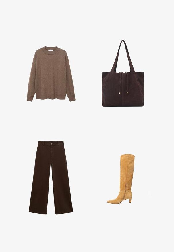 Brown knitted sweater with a round neckline and long sleeves. Features a relaxed fit and ribbed cuffs and hem for added texture.; Brown wide-leg trousers in cotton blend, featuring a frayed hem, front button closure, and classic five-pocket design. Minimalistic and versatile.; Suede, knee-high boot in a light tan color. Features a pointed toe, zip closure along the side, and a low heel for stability.; Mango Tote bag - dark brown