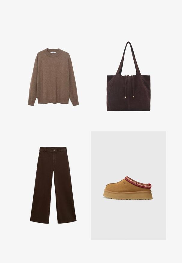 Brauner, gestrickter Pullover mit rundem Ausschnitt und langen Ärmeln. Verfügt über einen lockeren Schnitt und gerippte Bündchen sowie einen gerippten Saum für zusätzliche Textur.; Braune, weit geschnittene Hosen aus Baumwollmischung mit fransigem Saum, vorderem Knopfverschluss und klassischem Fünf-Taschen-Design. Minimalistisch und vielseitig.; Braune Wildleder-Slipper mit rot-creamfarbenem gemusterten Besatz, strukturiertem Absatz und UGG-Logo an der Seite. Verfügt über eine leichte Plattformhöhe.; Mango Shopping Bag - dark brown
