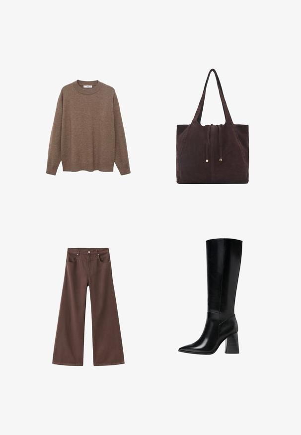 Brązowy sweter z dzianiny z okrągłym dekoltem i długimi rękawami. Charakteryzuje się luźnym krojem oraz ściągaczami przy mankietach i dolnym brzegu, co dodaje tekstury.; Brązowe dżinsowe spodnie o szerokich nogawkach. Posiadają pięć kieszeni, zamek błyskawiczny oraz metalowe nity. Gładka tekstura i klasyczny fason.; Czarne skórzane botki do kolan z wąskim noskiem, gładką teksturą oraz masywnym, żłobionym obcasem dla stabilności. Elegancki design z minimalnymi akcentami.; Mango - Torba na zakupy