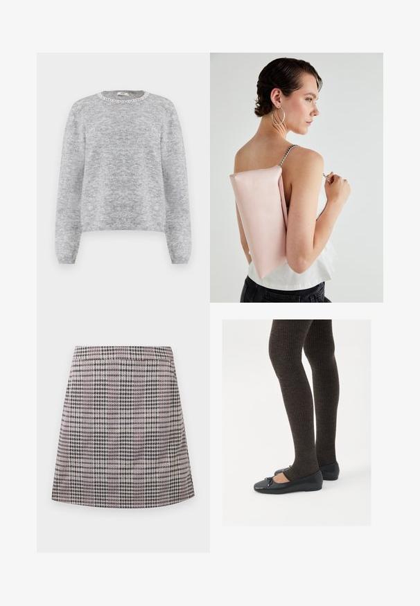 Pull en laine gris tricoté avec un col rond orné d'une finition en dentelle blanche. Manches longues, texture douce et coupe décontractée.; Mini-jupe à carreaux dans des teintes de violet, noir et blanc, avec une taille élastique et une coupe droite au toucher lisse.; Chaussures plates noires avec un petit nœud au niveau des orteils, associées à des collants côtelés marron foncé. Les chaussures ont une texture lisse et un profil bas.; Sac à main en cuir rose de forme rectangulaire, avec une bandoulière en chaîne argentée et une texture lisse, porté sur le dos. Design simple sans motifs visibles.