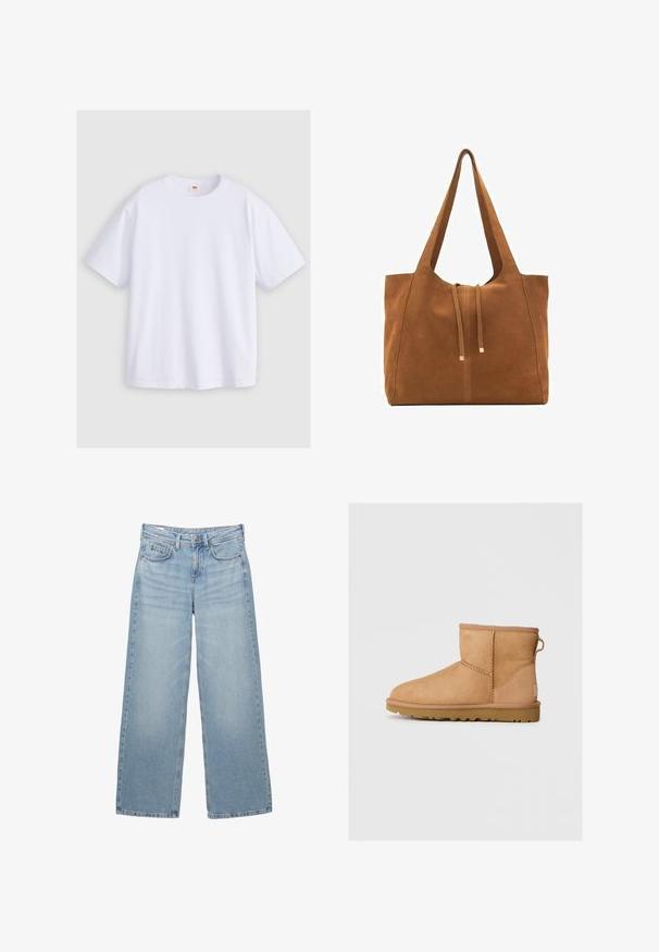 Krémový pletený sveter s veľkým vyšívaným dizajnom americkej vlajky na prednej strane. Rúbkovaný výstrih, manžety a lem dodávajú textúru.; Biela bavlnená tričko s krátkymi rukávmi, okrúhlym výstrihom a voľným strihom. Materiál vyzerá hladko, bez viditeľných vzorov alebo grafiky.; Svetlomodré denimové nohavice s širokými nohavicami a vysokým pásom, s piatimi vreckami a jemným vyblednutím, s kovovým gombíkom a pútkami na opasok.; Svetlohnedé semišové členkové topánky s okrúhlou špičkou, prešívaním, pútkom na zadnej strane a textúrovanou gumovou podrážkou. Navrhnuté pre pohodlie a teplo.; Hnedá semišová taška cez rameno s dvoma dlhými popruhmi, sťahovacou šnúrkou a minimalistickým dizajnom. Hladký povrch a žiadne viditeľné kovové doplnky.