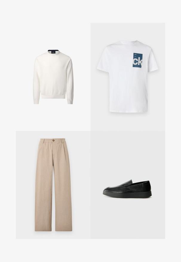 Suéter blanco de cuello redondo con mangas largas, puños y dobladillo acanalados, y una pequeña etiqueta negra en el interior del cuello.; Camiseta de algodón blanca con un bolsillo rectangular azul que presenta el logo "ck" en blanco y detalles en texto. Mangas cortas, cuello redondo, ajuste regular.; Pantalones de pierna ancha en color beige con un acabado texturizado, que cuentan con pliegues y una cinturilla elástica, asegurada por un botón de bronce en la parte delantera.; Calvin Klein HYBRID CUP - Zapatos sin cordones - triple black