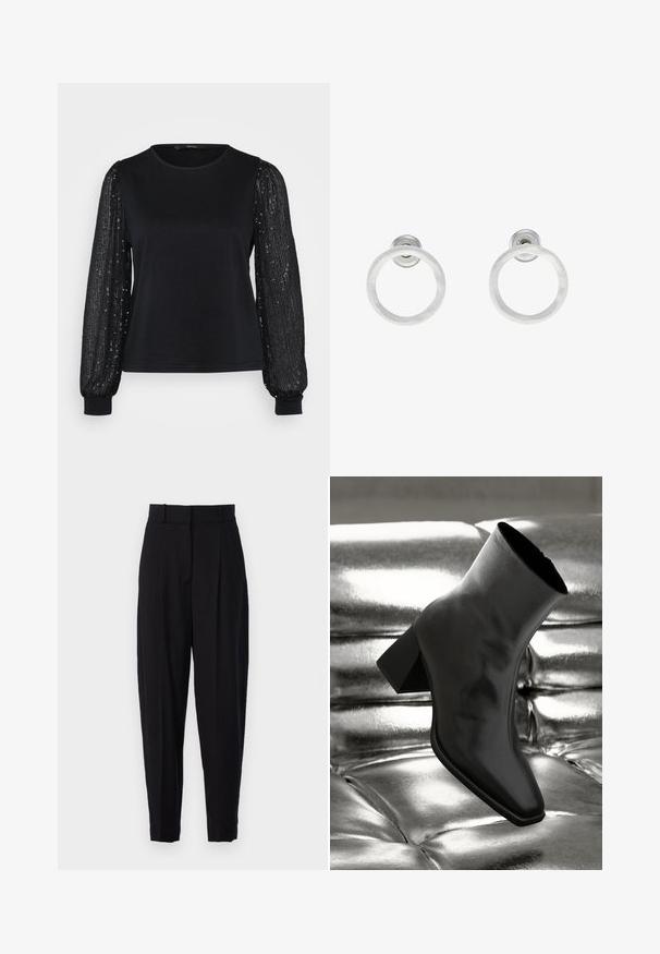 Black top featuring a smooth fabric body and long, sheer sleeves adorned with sequins for texture and shine. Round neckline and fitted cuffs.; Vanessa Bruno DAVID - Trousers - noir; Black ankle boot made of glossy material with a square toe and tapered heel, set against a shiny silver tufted background.; Silver metal hoop earrings with a brushed texture, featuring a circular design and a clear post back for secure wear.