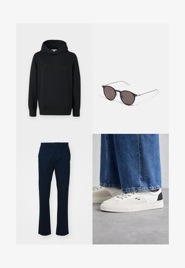 Mustat hupparit, pehmeää kangasta, vetoketjullinen malli, edessä kengurupussi, kohokuvioitu "QUARTZ CO" -logo rinnassa, ribattu hihansuu ja helma.; Meriininsininen housut, jotka on valmistettu kevyestä kankaasta. Ominaisuuksina suora lahje, yksi napitus ja minimalistinen ompelu.; Valkoiset ja mustat tennarit, joissa on sileä nahkapäällinen, tekstuuriakcentit ja paksu valkoinen pohja. Varustettu klassisella nauhakiinnityksellä.; Musta pyöreä aurinkolasit tummilla linsseillä ja kapeilla metallikehyksillä. Sisältää kirkkaat temppelet ja hopeiset yksityiskohdat saranassa. Minimalistinen muotoilu.
