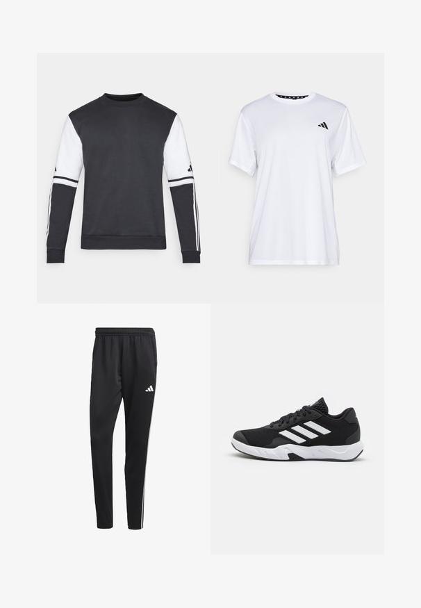 Black and white crewneck sweatshirt with long sleeves, featuring contrasting colored sleeves and three white stripes along the arms.; White athletic t-shirt with short sleeves, made from moisture-wicking fabric. Features a black logo on the left chest and a patterned interior neckline.; Black athletic pants with a stretchy waistband, white side stripes, and a small white logo on the thigh. Made from a smooth, lightweight material.; Black athletic shoes with a textured mesh upper, white accent stripes, a cushioned sole, and a reinforced heel for support.