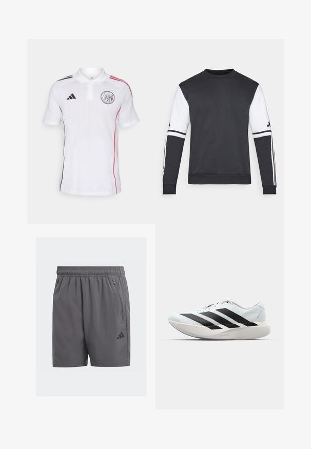 Černobílá mikina s kulatým výstřihem a dlouhými rukávy, s kontrastními barevnými rukávy a třemi bílými pruhy podél paží.; Bílá polo košile s černými a červenými pruhy na ramenou. Má emblém na prsou a klasický límec. Vyrobena z prodyšného materiálu.; Šedé sportovní šortky s elastickým pasem, bočními zipovými kapsami a černým logem. Lehký, hladký materiál a délka ke kolenům.; Lehké běžecké boty v světle modré barvě s černými pruhy. Mají hladký svršek, kulatou špičku a silnou bílou mezipodešev označenou "LIGHTSTRIKE PRO."