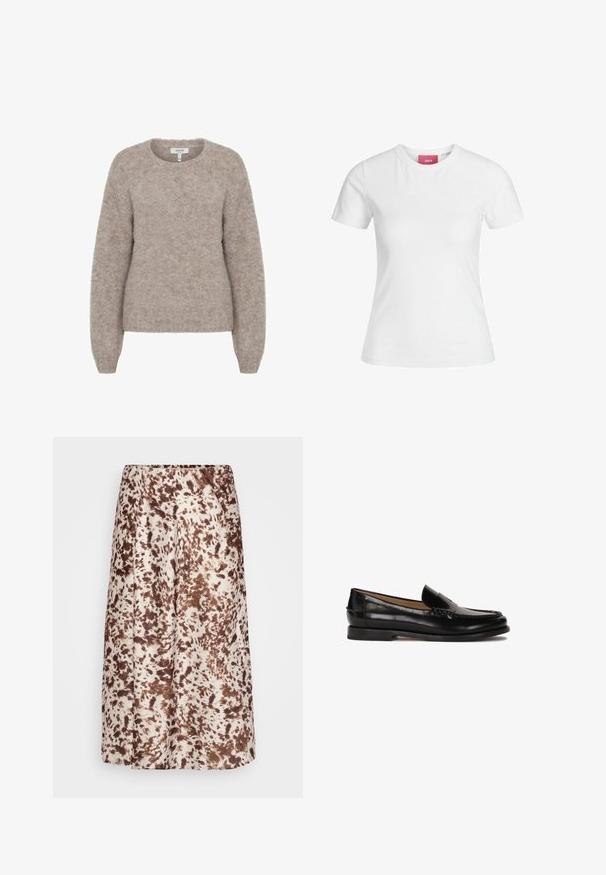 b.young BYMILLER - Stickad tröja - humus melange; Vit bomull t-shirt med korta ärmar och rund halsringning. Har en rosa etikett på insidan av halsen. Slät textur.; Midilång kjol i mjukt tyg med en krämfärgad bas och bruna sprutliknande mönster. Resårlinning för komfort.; Svart läderloafer med rundad tå, slip-on-design och subtila sömnadsdetaljer längs ovandelen. Platt gummisula.