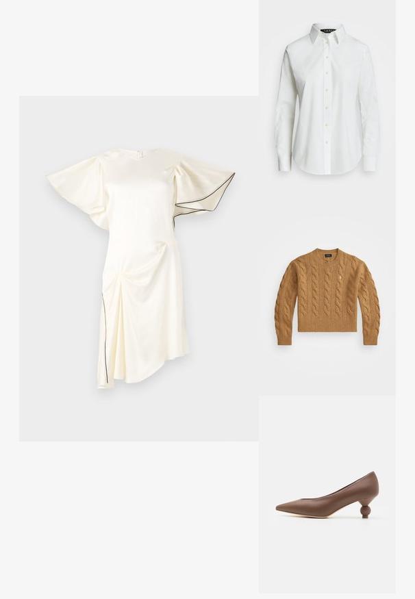Brūns adīts džemperis ar apaļu kakla izgriezumu, ribotām aprocēm un apakšmalu, ar nelielu logo uz krūtīm, izgatavots no struktūrētas auduma.; Balta satīna kleita ar īsām, platām piedurknēm, drapēta auduma detaļām un kontrastējošiem melniem uzšuvumiem ap apakšmalu un piedurknēm.; Balta garām piedurknēm pogājama krekls, kas izgatavots no kokvilnas. Tam ir klasiskā apkakle, septiņas pogas un nemanāms logotips izšūts uz krūšu.; Brūnas ādas kurpes ar smailu purngali un unikālu noapaļotu papēdi. Gluda tekstūra, elegants dizains un minimālistiska apdare.