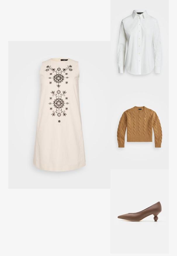 Maglione marrone a costine con scollo rotondo, polsini e orlo a coste, caratterizzato da un piccolo logo sul petto, realizzato in tessuto testurizzato.; Abito senza maniche color crema con delicata ricamo nero che presenta motivi floreali e geometrici al centro e un colletto rotondo.; Camicia bianca a maniche lunghe con bottoni, realizzata in cotone. Presenta un colletto classico, sette bottoni e un logo ricamato sul petto.; Décolleté in pelle marrone con punta affusolata e un caratteristico tacco a sfera arrotondata. Texture liscia, design elegante e dettagli minimalisti.