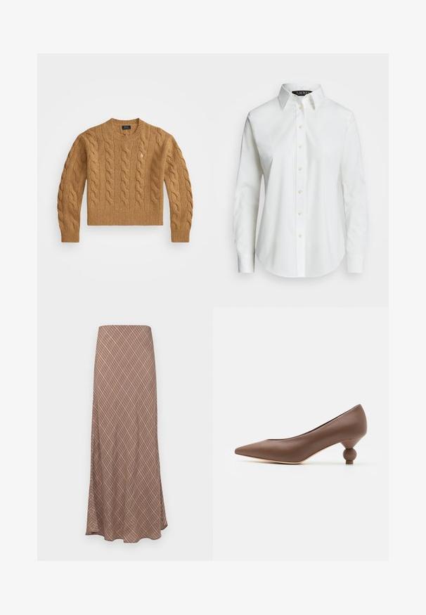 Brown cable-knit sweater with a round neckline, ribbed cuffs and hem, featuring a small logo on the chest, made from textured fabric.; White long-sleeve button-up shirt made of cotton. Features a classic collar, seven buttons, and a subtle logo embroidered on the chest.; Long, flared skirt with a brown geometric pattern, featuring a smooth texture and an elastic waistband for comfort.; Brown leather pointed-toe pump with a unique rounded ball heel. Smooth texture, sleek design, and minimalistic detailing.