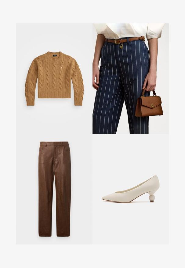 Ruskotoinen palmikkoneulepaita, jossa on pyöreä pääntie, joustavat hihan- ja helmanreunat, etuosa, jossa pieni logo rinnassa, valmistettu tekstuuripintaisesta kankaasta.; Valkoinen pitkähihaisella nappikauluksella oleva puuvillapaita. Ominaisuuksiin kuuluu klassinen kaulus, seitsemän nappia ja hienovarainen logo brodeerattuna rintaan.; Ruskeat nahkahousut, joissa on sileä pinta, suora lahjemuotoilu ja kaksi sivutaskua. Ominaisuuksiin kuuluu näkyvät ompeluyksityiskohdat.; Weekend Max Mara RENZA - Avokkaat - bianco avorio; Ruskea teksturoitu käsilaukku, jossa on kultaiset yksityiskohdat, pidetään rinnakkain tummansinisille raidallisille housuille, joissa on valkoisia pystysuoria viivoja. Yksinkertainen, jäsennelty muotoilu.