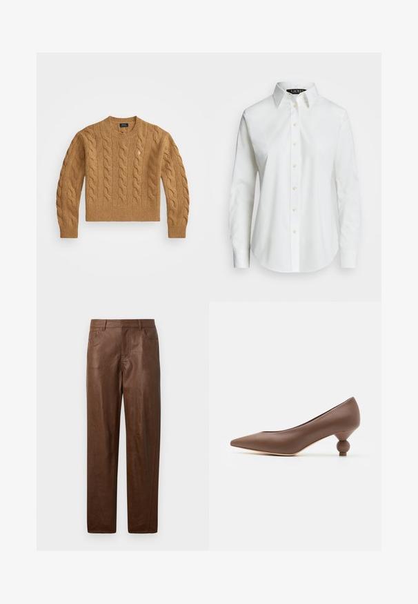 Brown cable-knit sweater with a round neckline, ribbed cuffs and hem, featuring a small logo on the chest, made from textured fabric.; White long-sleeve button-up shirt made of cotton. Features a classic collar, seven buttons, and a subtle logo embroidered on the chest.; Brown leather pants with a smooth texture, straight leg design, and two side pockets. Features visible stitching details.; Brown leather pointed-toe pump with a unique rounded ball heel. Smooth texture, sleek design, and minimalistic detailing.